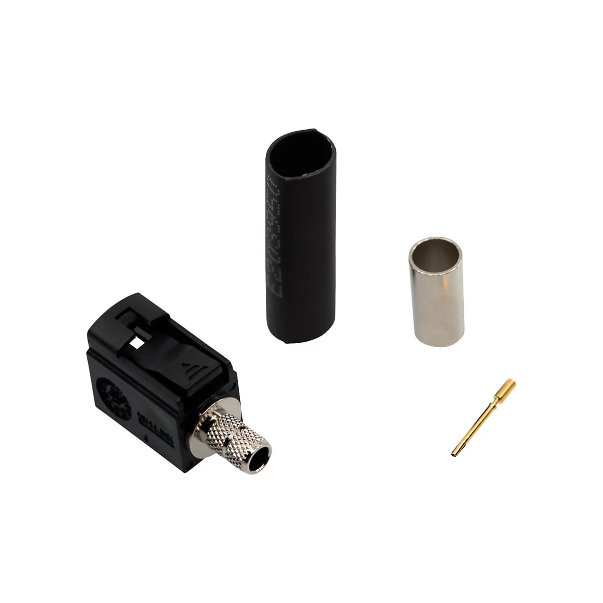Schwarz-silberner Stecker mit Einzelteilen: Hülse, Schrumpfschlauch und Stift.