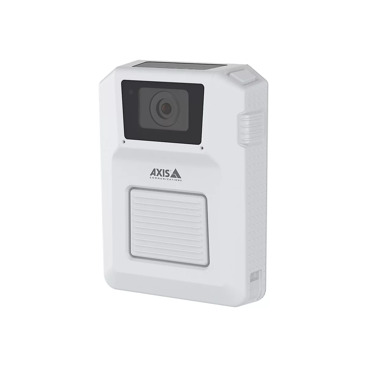 Weiße Axis Communications Körperkamera vor neutralem Hintergrund.