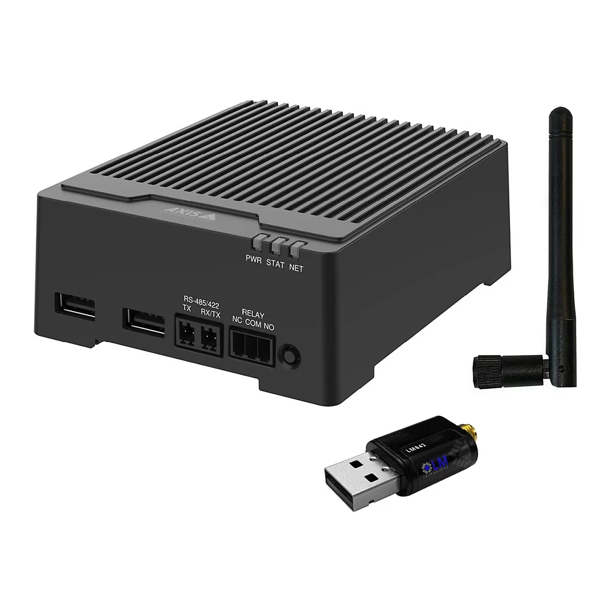Schwarzes AXIS-Gerät mit Antenne und USB-Dongle. Aufschrift: PWR, STAT, NET, RS-485/422, RELAY, TX, RX/TX, NC, COM, NO.
