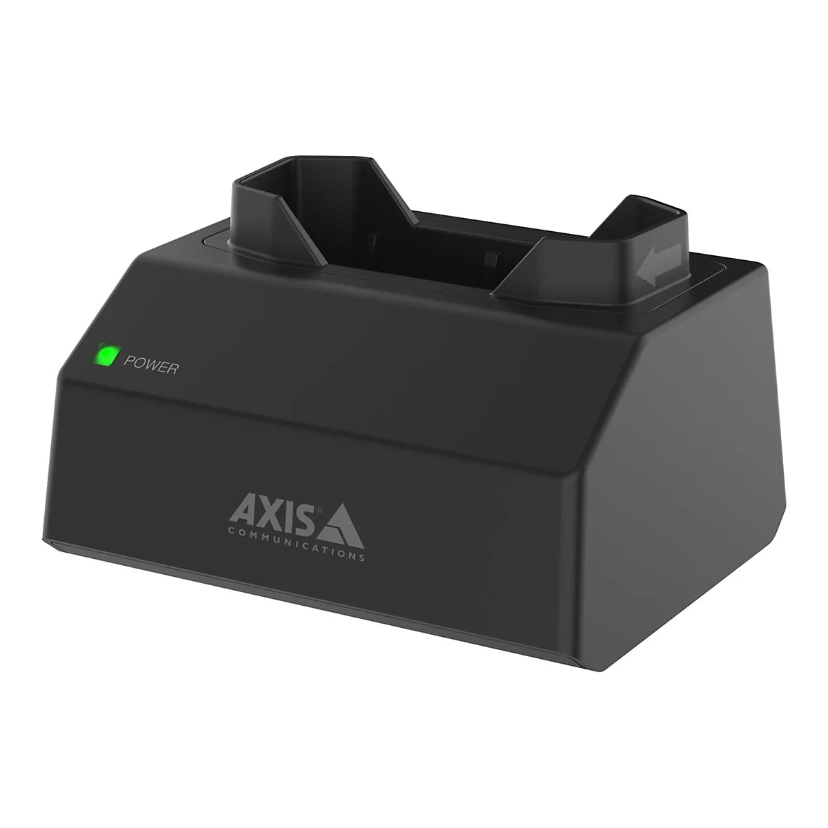 Station de charge noir avec le logo AXIS. Une lumière verte est allumée à côté du mot "POWER".