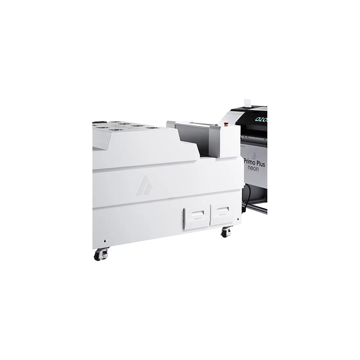 Weiße industrielle Druckmaschine mit Pulverschubladen auf Rollen, im Hintergrund ein Primo Plus neon Drucker.