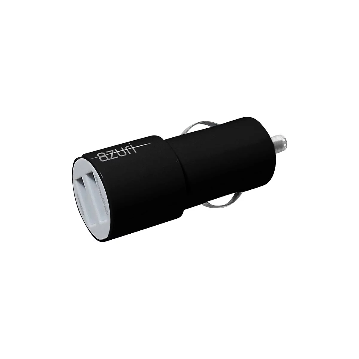 Schwarzes Azuri-Autoladegerät mit zwei USB-Anschlüssen. Der Schriftzug "azuri" ist sichtbar.