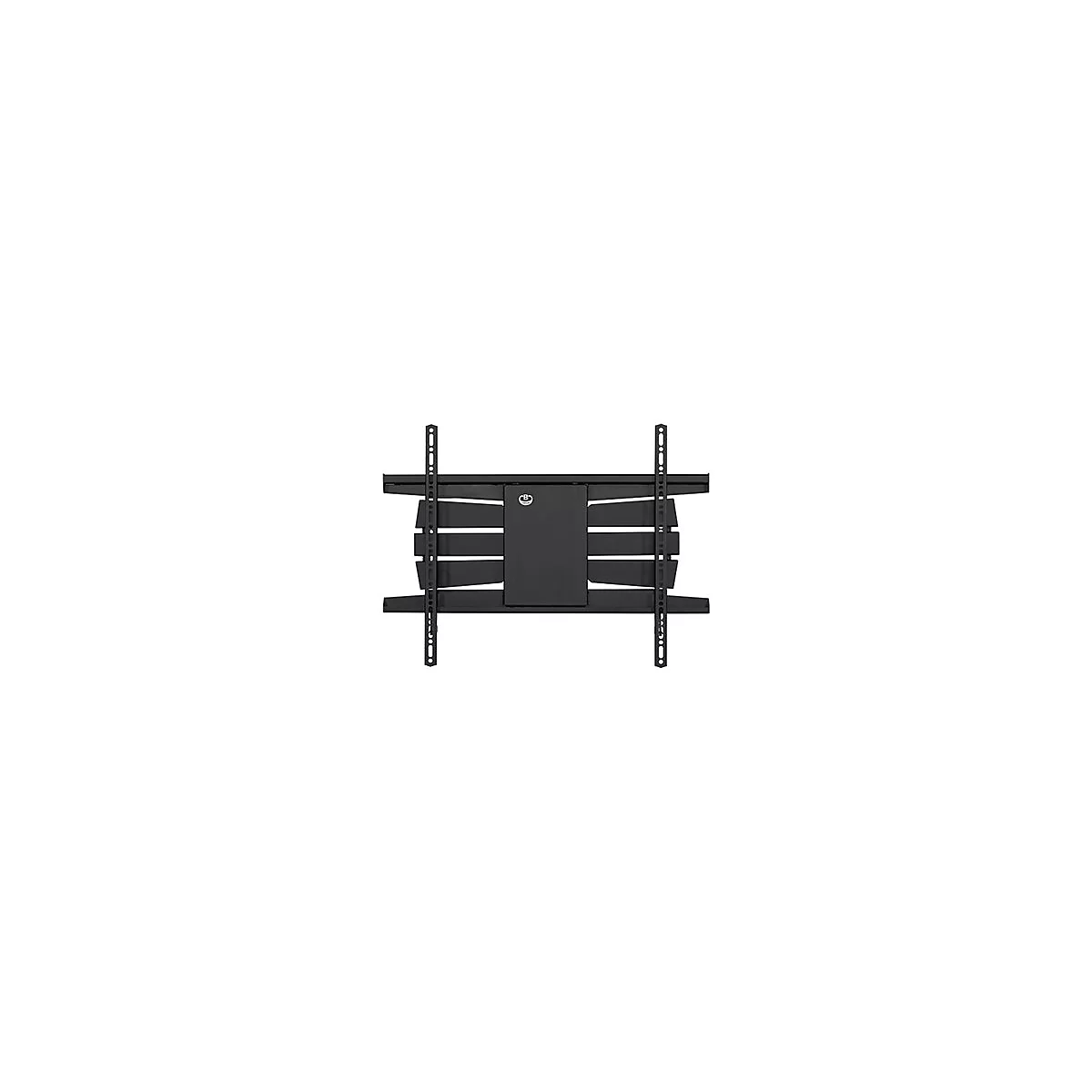 Schwarze TV-Wandhalterung, Metallkonstruktion, Logo oben rechts.