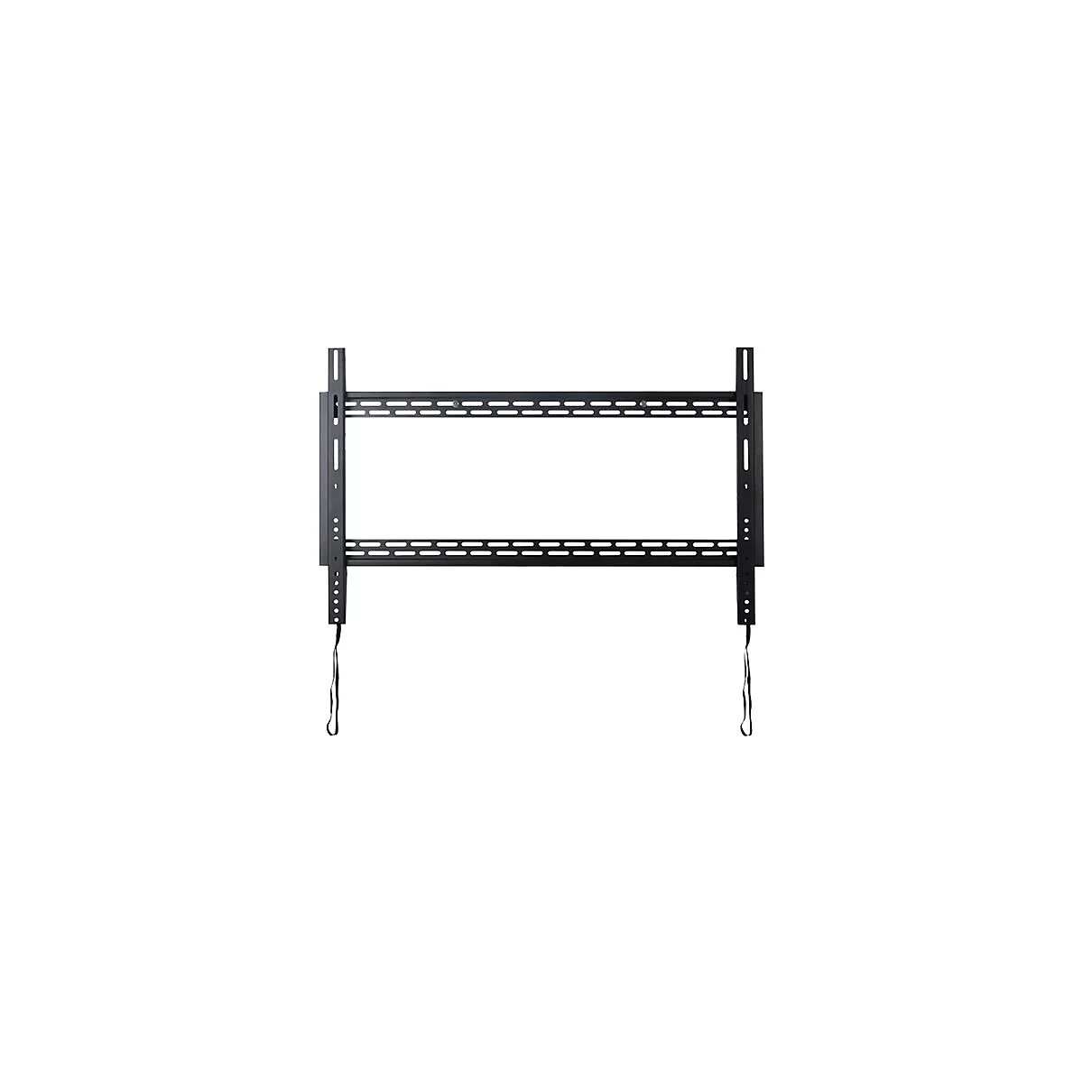Schwarze, rechteckige Wandhalterung aus Metall mit zwei vertikalen Schienen und zwei Zugbändern zur Entriegelung.