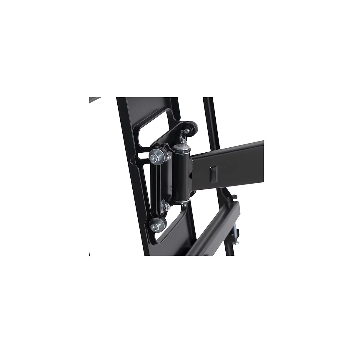 Detailansicht eines schwenkbaren schwarzen Gelenkarms einer Monitor- oder TV-Wandhalterung aus Metall.