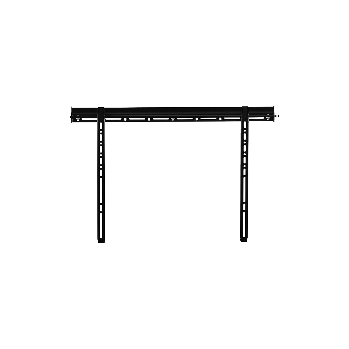 Support TV noir, composé d'une barre horizontale et de deux rails verticaux avec des trous.