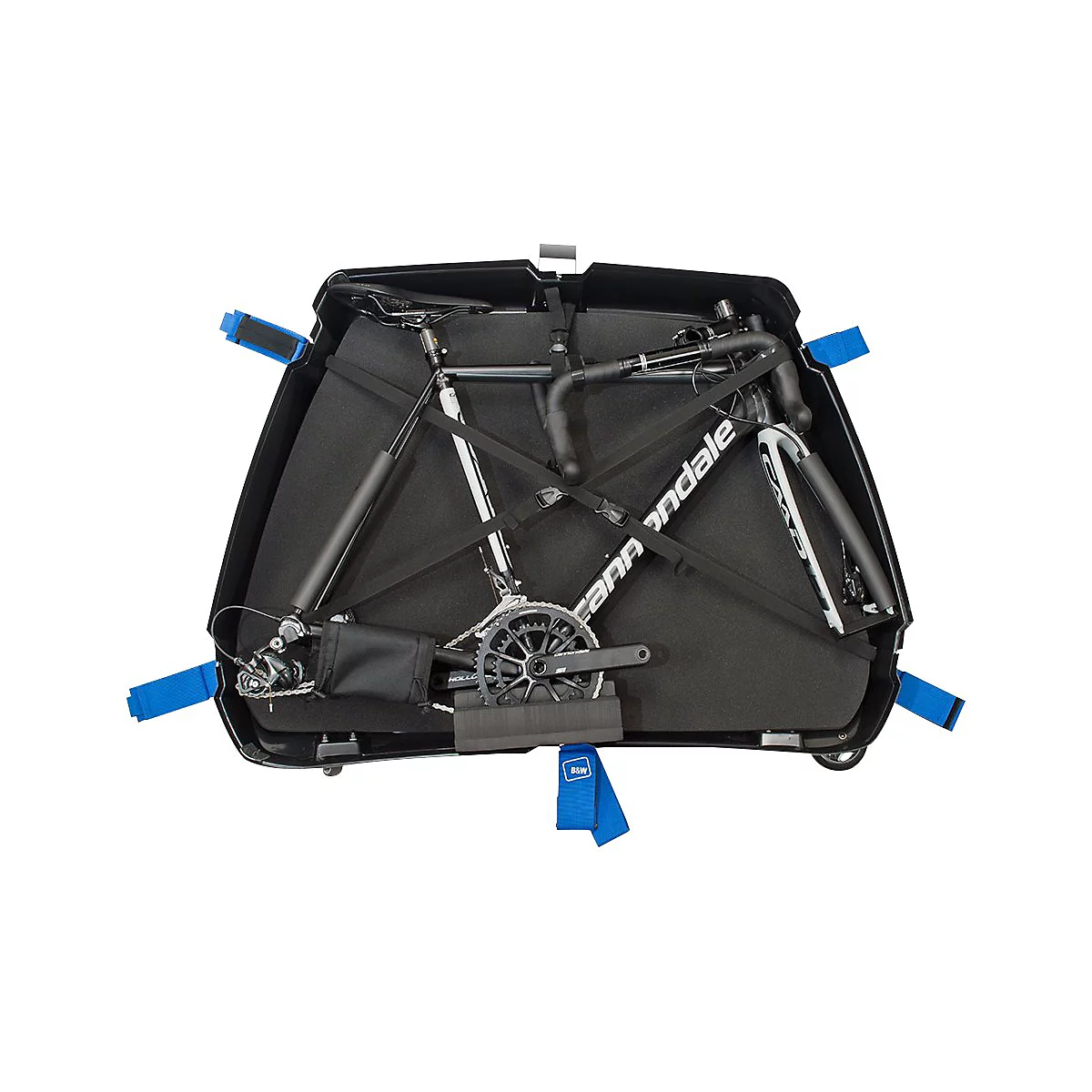 Ein Rennrad sicher verpackt in einem schwarzen Hartschalen-Fahrradkoffer mit blauen Befestigungsgurten.