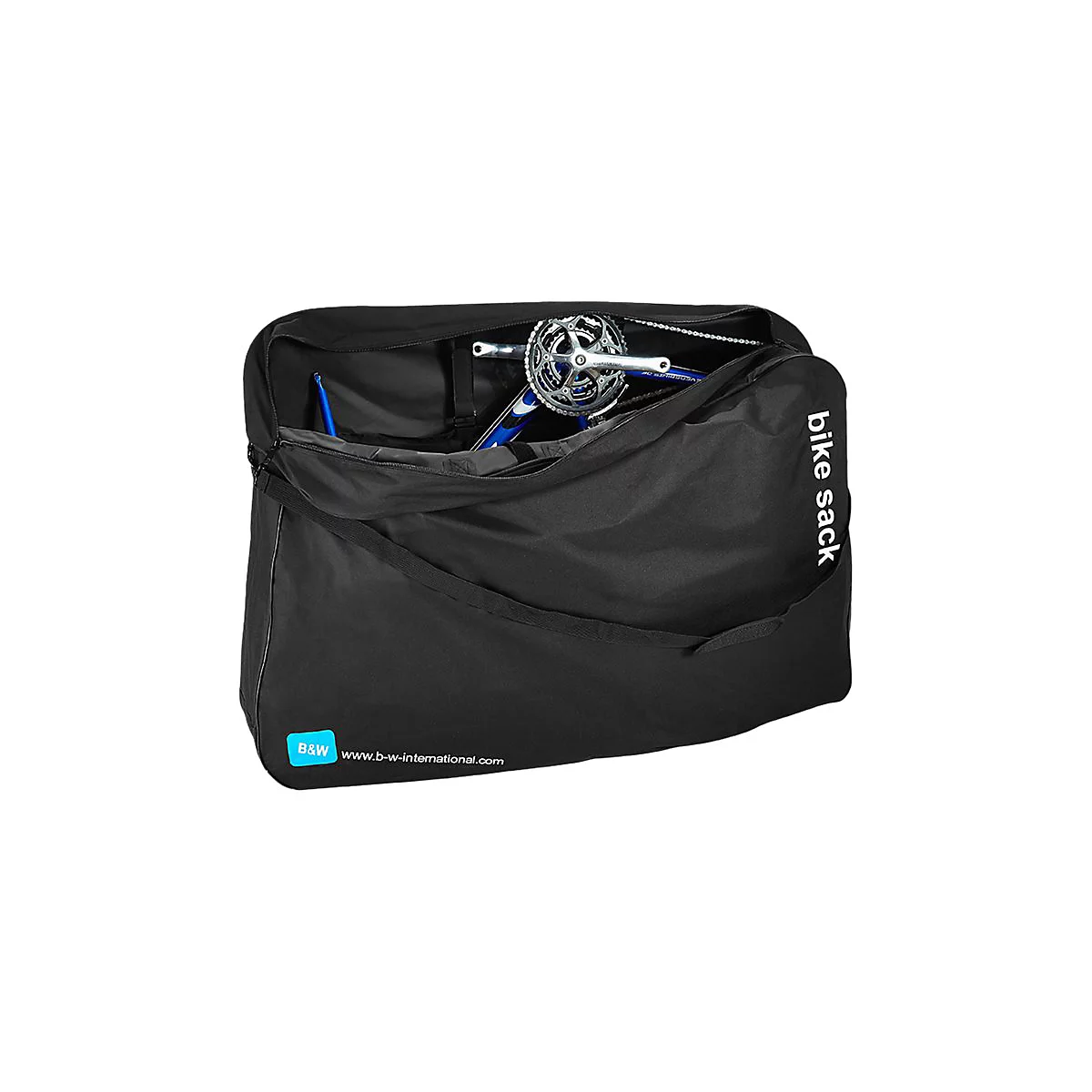 Schwarze Fahrrad-Transporttasche mit der Aufschrift bike sack, geöffnet mit sichtbarer Tretkurbel eines Rennrads.