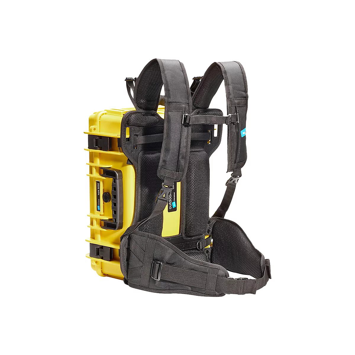 Gelber Hartschalenkoffer mit schwarzem Tragesystem für den Transport als Rucksack.