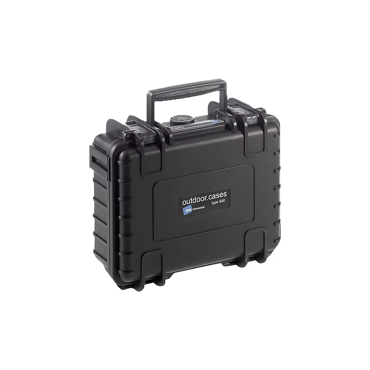 Schwarzer, robuster Outdoor-Koffer mit Tragegriff und Logo-Aufschrift outdoor.cases type 500.