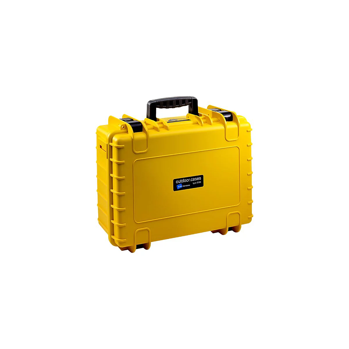 Gelber, stabiler Outdoor-Koffer mit schwarzem Griff und Logo-Plakette vor weißem Hintergrund.