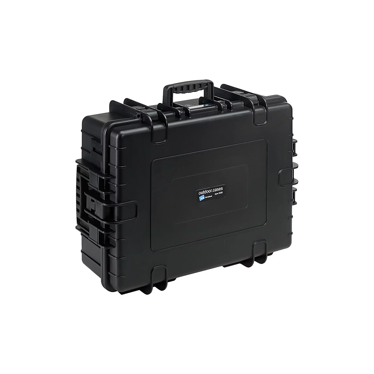 Schwarzer, robuster Outdoor-Koffer mit Tragegriff und Verschluss, Typ 6500.