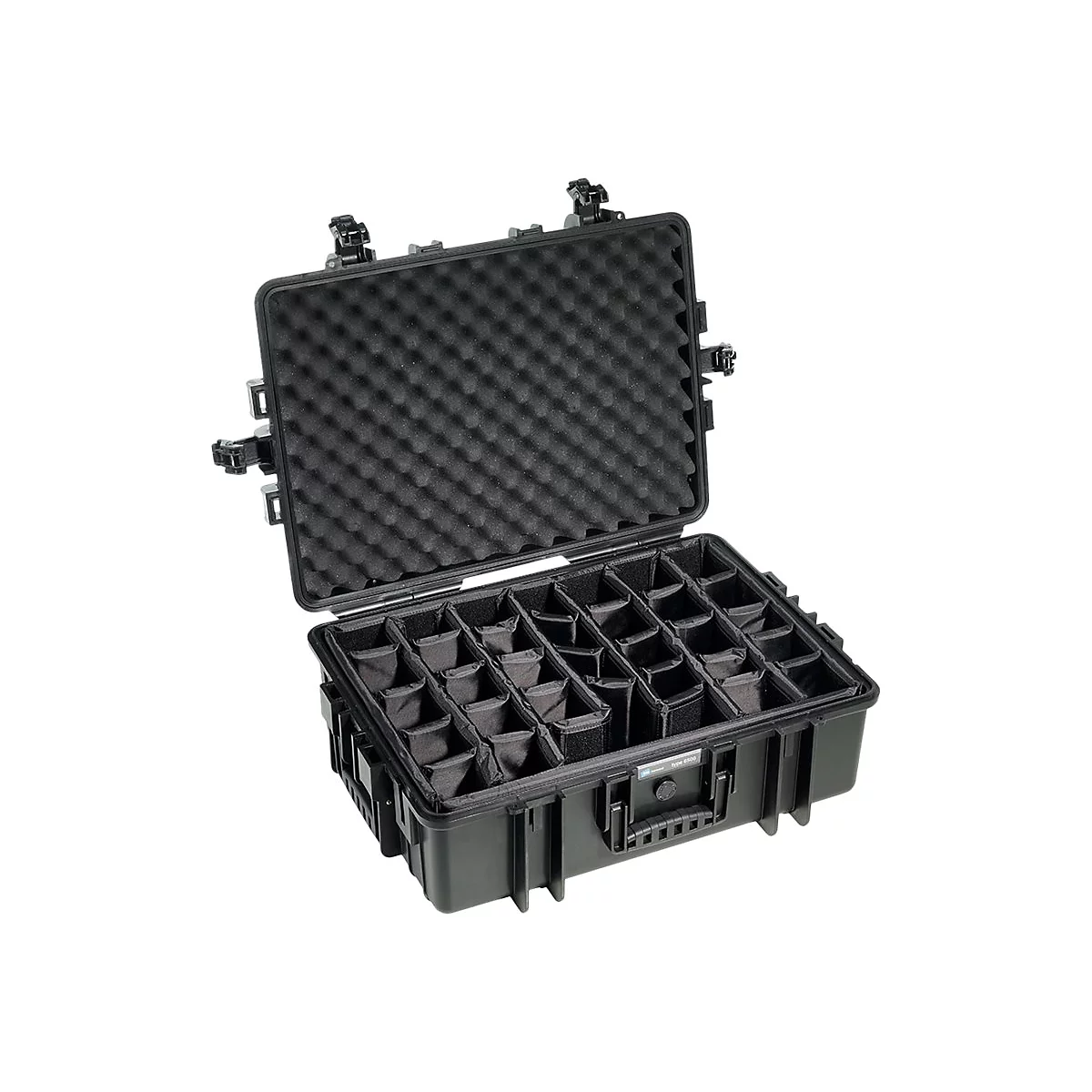 Schwarzer, geöffneter B&W Outdoor-Koffer mit flexiblem Trennwand-System und Noppenschaum im Deckel.