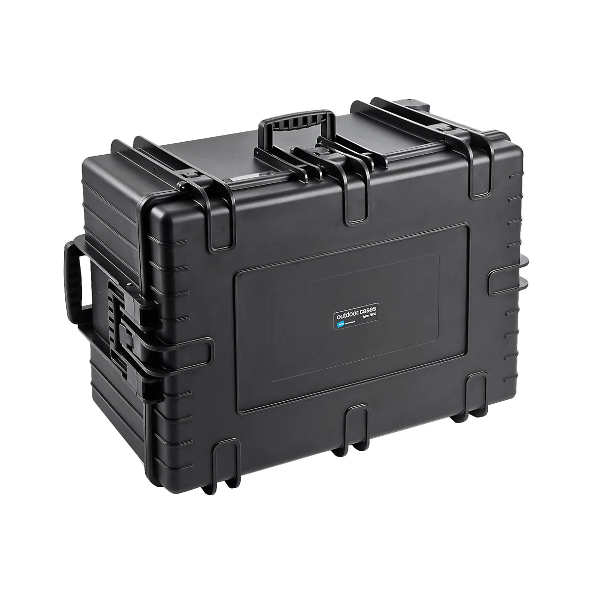 Schwarzer stabiler Transportkoffer mit robustem Design, Griffen und Logoaufdruck 'outdoor.cases' vor weißem Hintergrund.