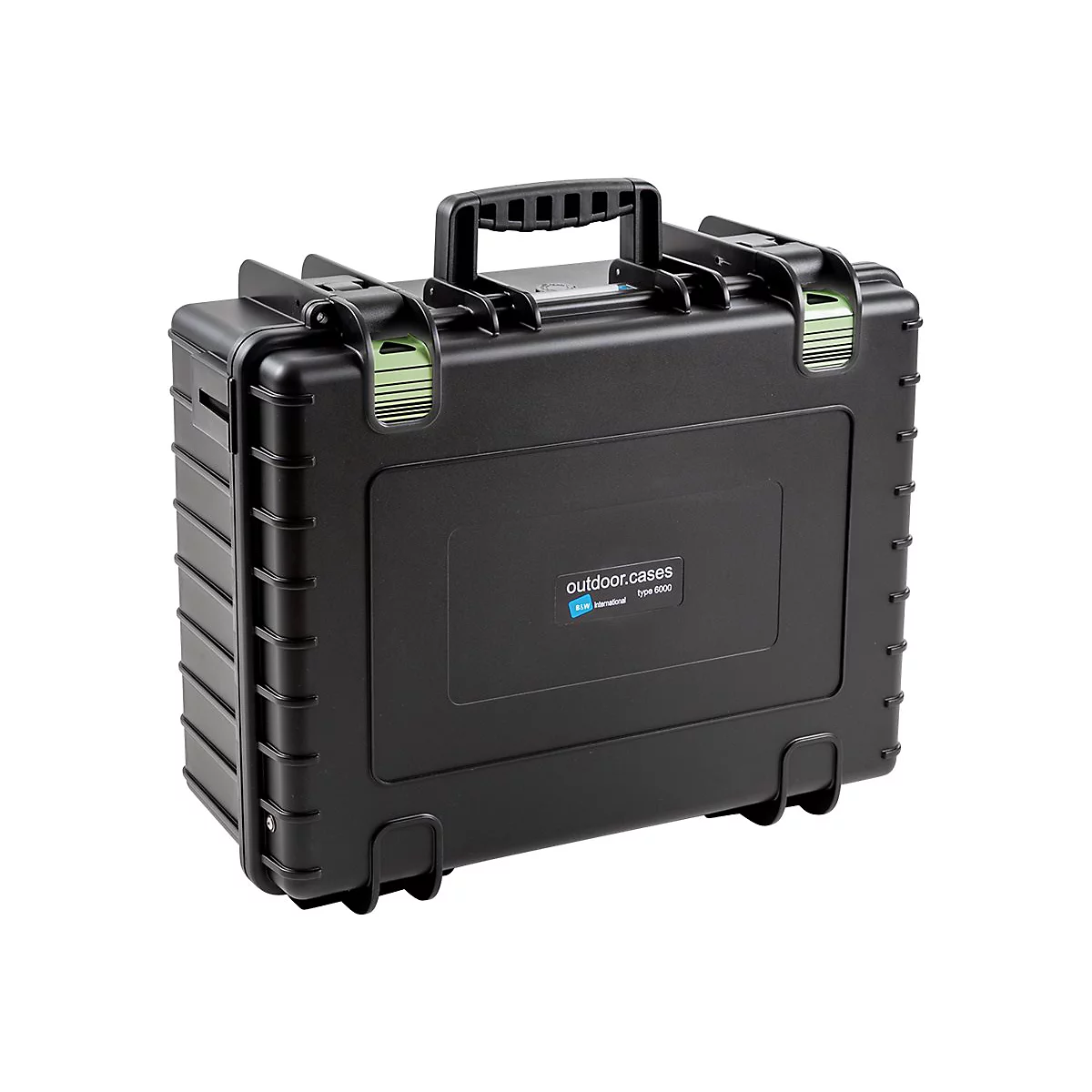 Schwarzer Outdoor-Koffer von B&W International, Typ 6000, mit robustem Tragegriff und Verschlussmechanismen.
