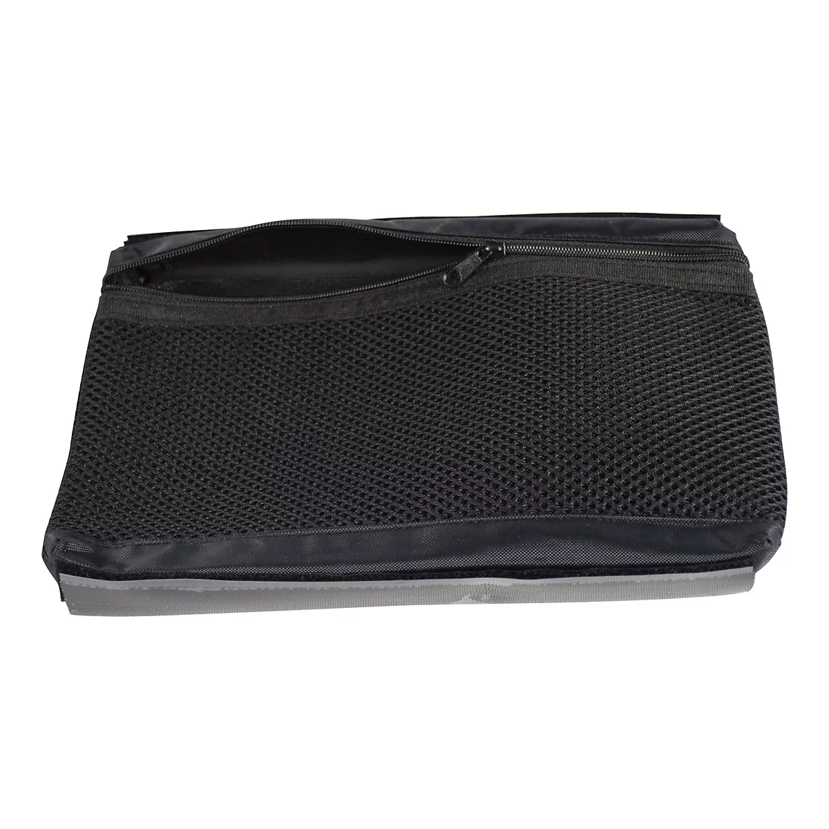 Schwarze Netztasche mit Reißverschluss vor neutralem Hintergrund.