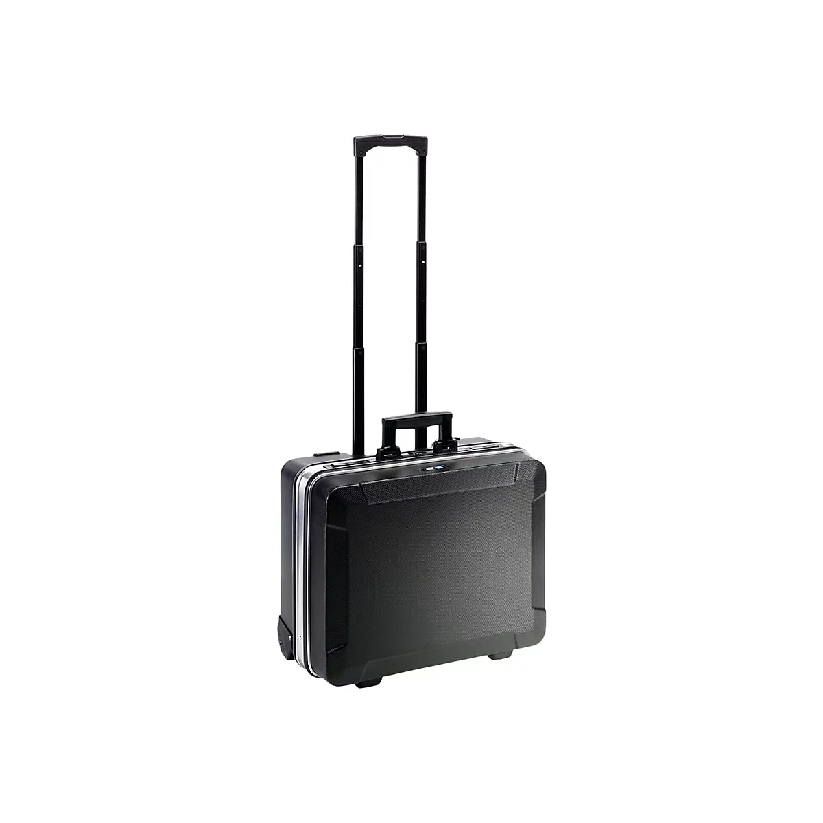 Schwarzer Business-Trolley mit ausziehbarem Griff auf neutralem Hintergrund.