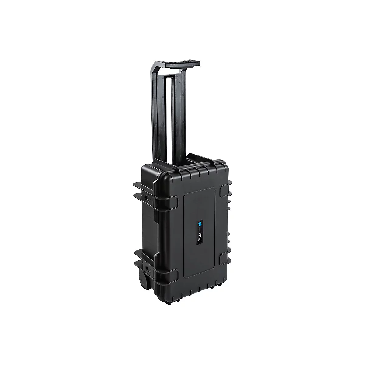 Schwarzer Hartschalenkoffer Jumbo 6600 mit ausziehbarem Teleskopgriff vor weißem Hintergrund.