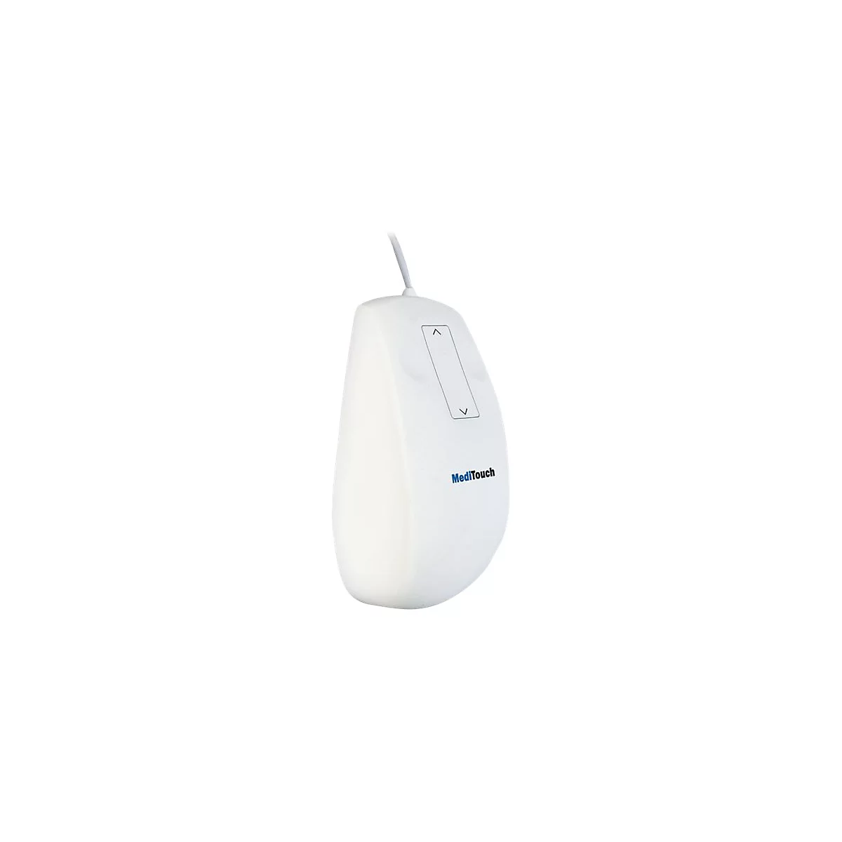 Ein weiÃŸer ergonomischer PC-Maus mit Scrollrad und dem Schriftzug Meditouch. Draht zur Verbindung.