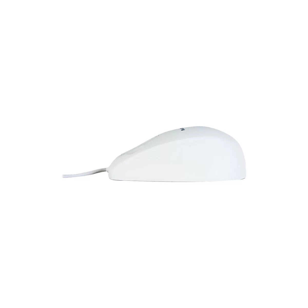 WeiÃŸe Computermaus mit Kabel von der Seite. Auf der Oberseite befindet sich eine kleine Taste.