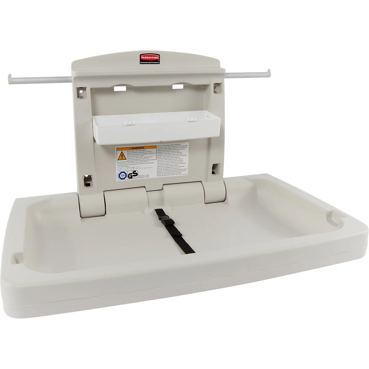 Ein offener, beigefarbener Wickeltisch mit Ablage. Oben ein rotes Rechteck und ein Metallrohr, Sicherheitsgurt.