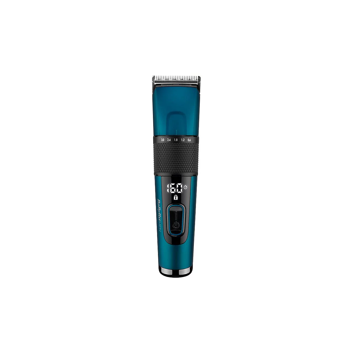 Blauer BaByliss Men Haarschneider mit digitaler Anzeige und Längenverstellring vor weißem Hintergrund.