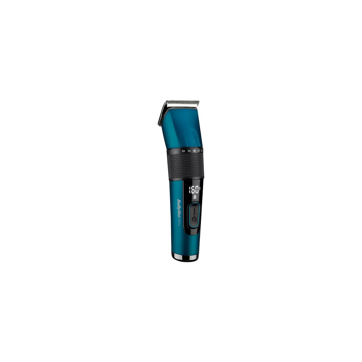 Blauer BaByliss Men Haarschneider mit digitalem Display auf weißem Hintergrund.