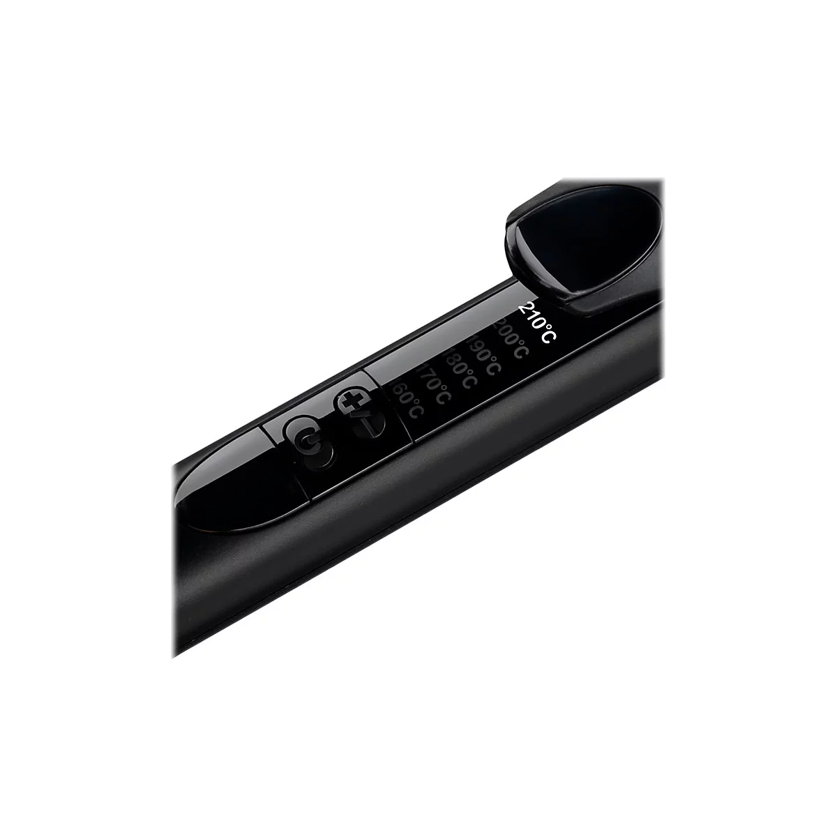 Nahaufnahme des schwarzen Griffs eines Lockenstabs mit Temperaturanzeige und Plus-Minus-Tasten.