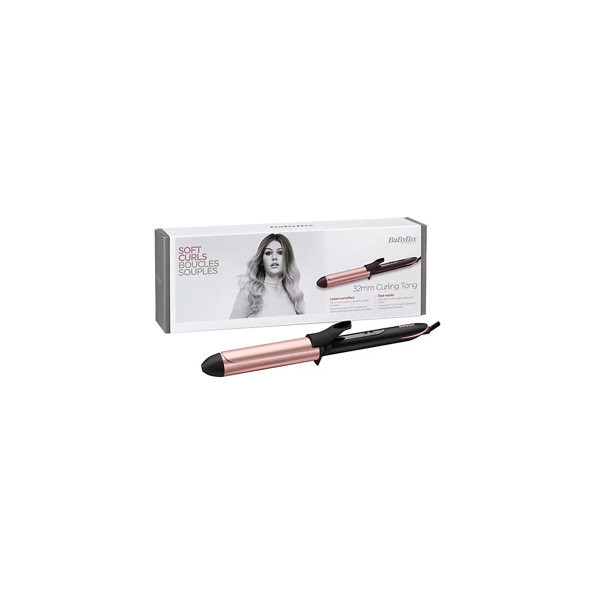 BaByliss Lockenstab mit 32mm roségoldenem Aufsatz vor der zugehörigen Produktverpackung.