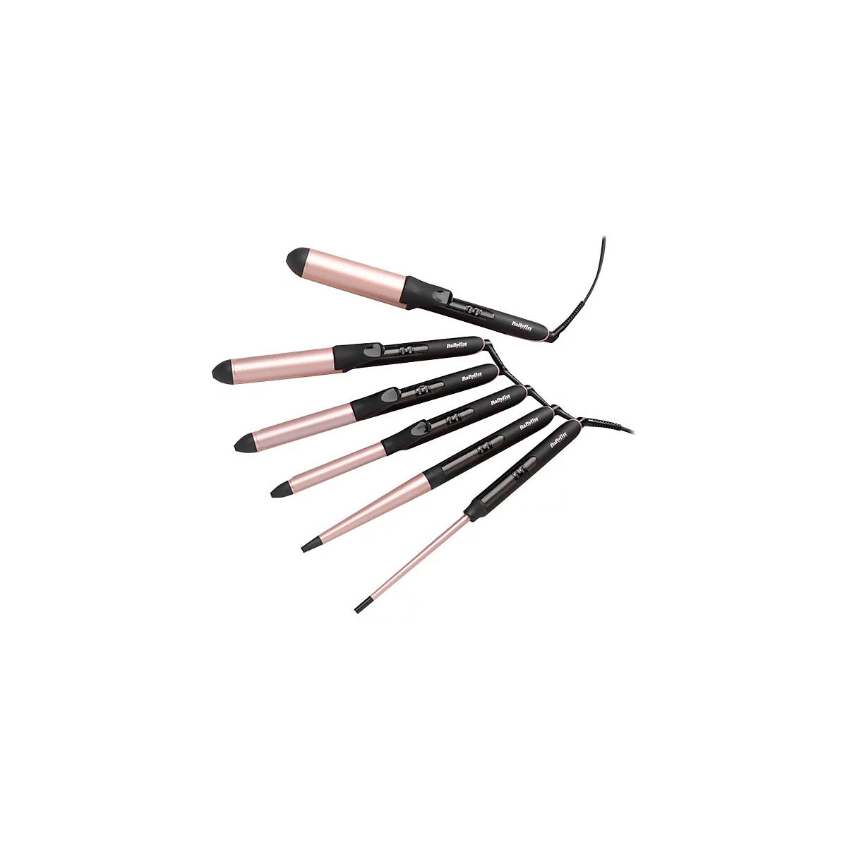 Mehrere BaByliss Lockenstäbe mit wechselbaren Aufsätzen in Roségold und Schwarz auf weißem Hintergrund.