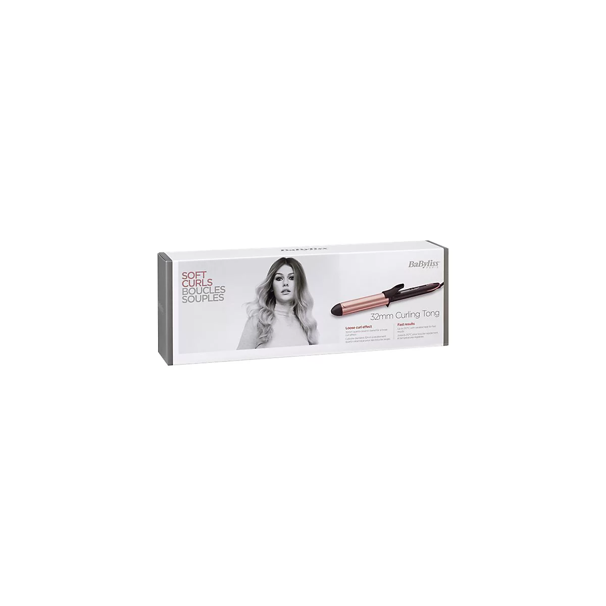 Produktverpackung für den BaByliss Lockenstab mit Abbildung einer Frau und technischem Produktbild.