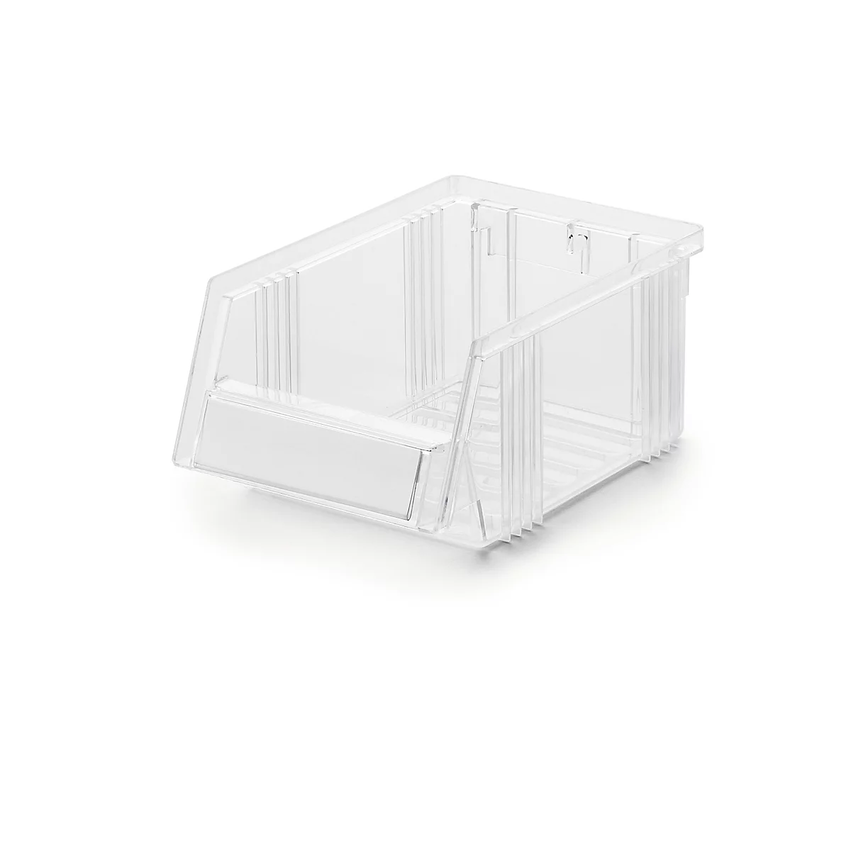 Bac de rangement transparent en plastique sur fond blanc.