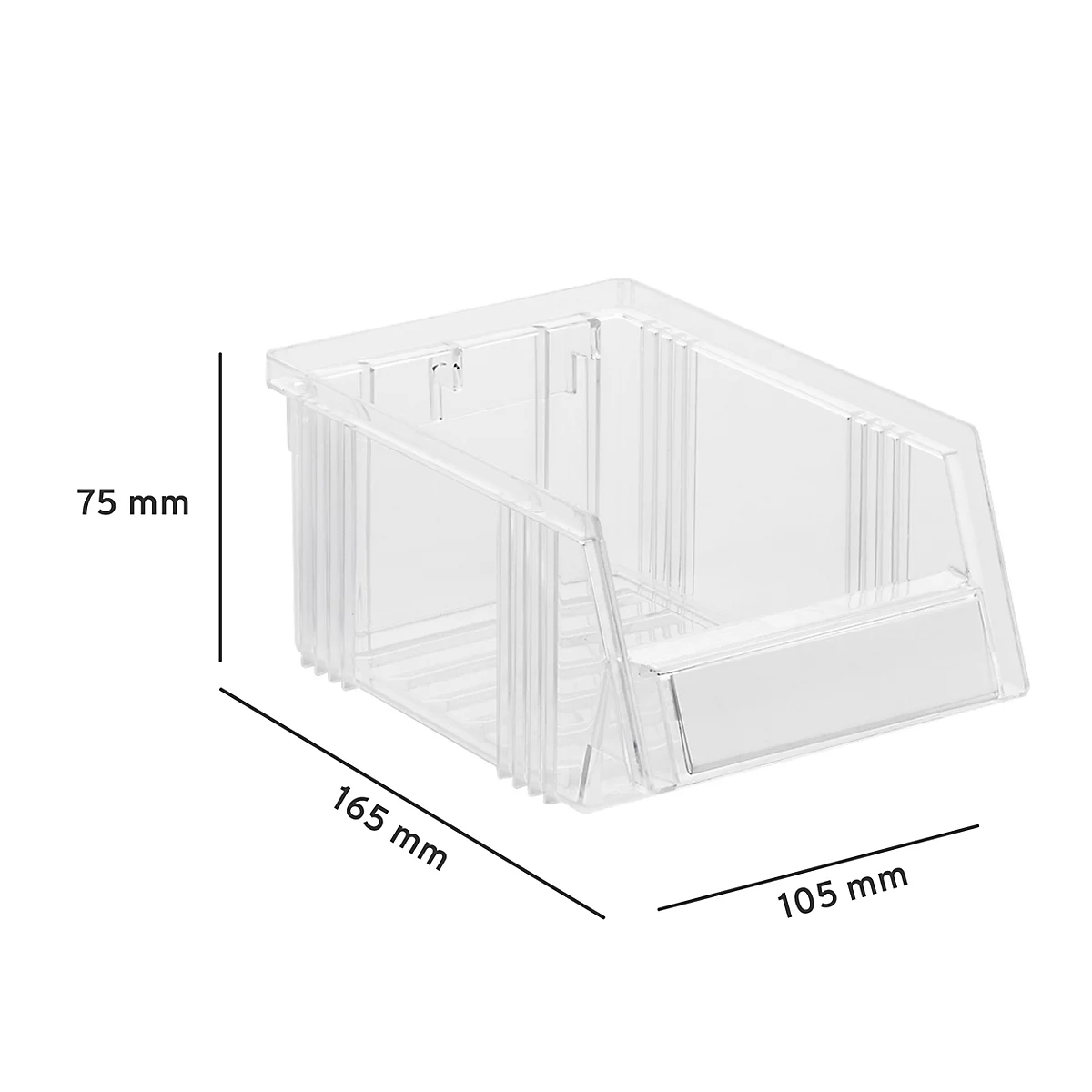 Bac de rangement transparent avec dimensions : 75 mm de hauteur, 165 mm de profondeur et 105 mm de largeur.
