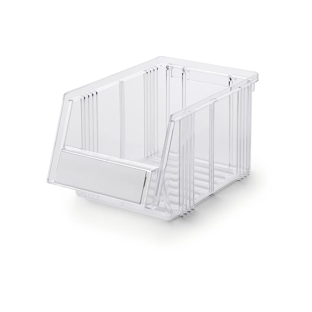 Bac de stockage transparent, rectangulaire, en plastique, avec façade ouverte sur fond blanc.