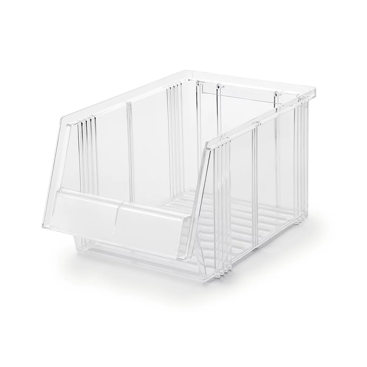Bac de rangement transparent en plastique avec face avant ouverte sur fond blanc.