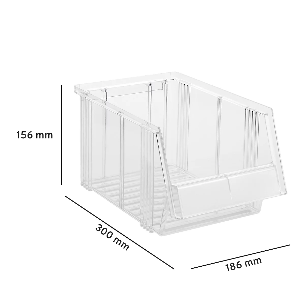 Bac de rangement transparent en plastique avec dimensions 156x300x186 mm sur fond blanc.