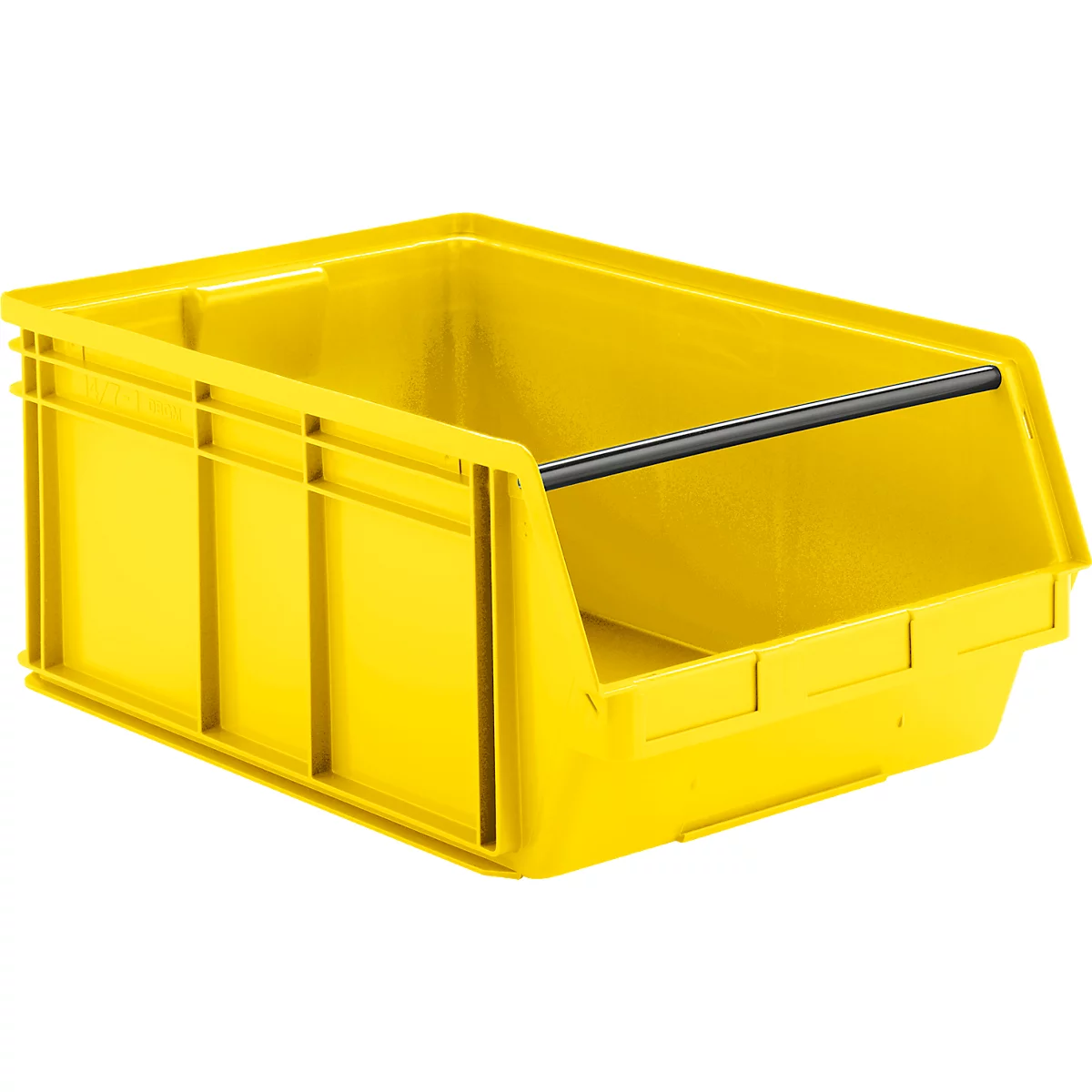 Bac de rangement jaune en plastique avec une barre transversale noire sur fond blanc.