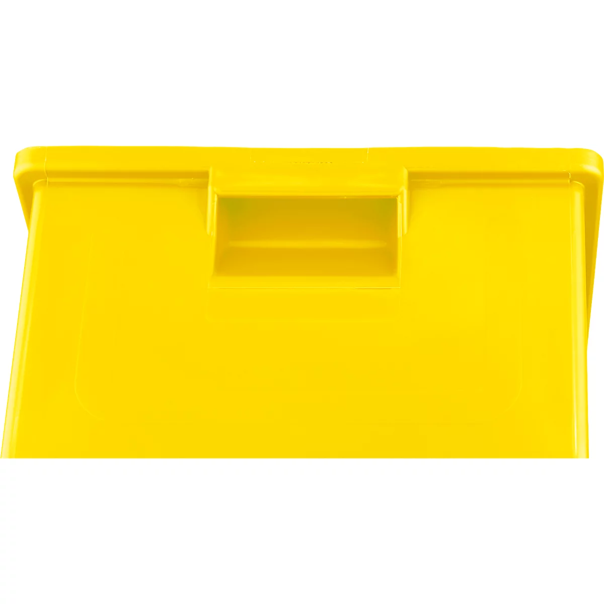 Une boîte de rangement en plastique jaune vif, vide, dotée d'une poignée moulée sur le dessus.
