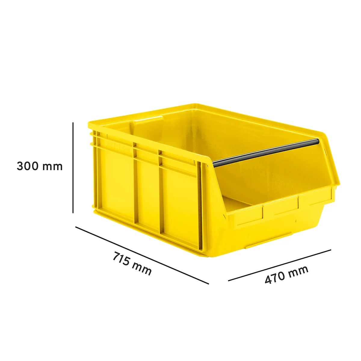 Bac de rangement jaune avec marquages dimensionnels sur fond blanc.