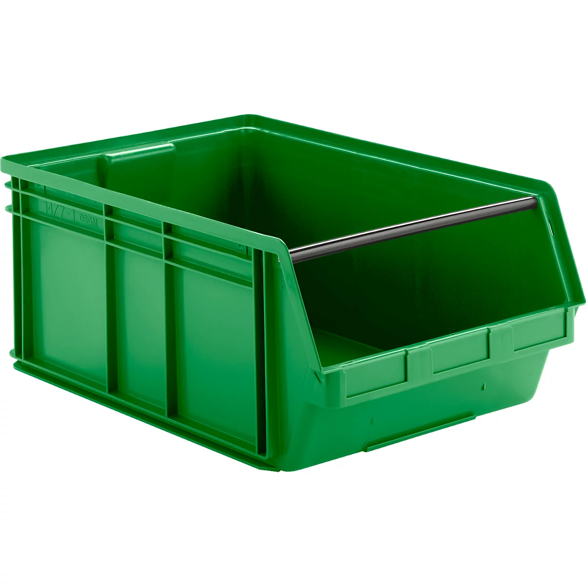 Bac de rangement en plastique vert avec barre de renfort noire sur fond neutre.