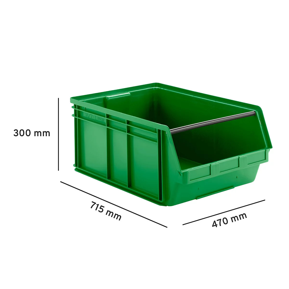 Bac à bec en plastique vert avec dimensions : 300 mm de haut, 715 mm de long, 470 mm de large.