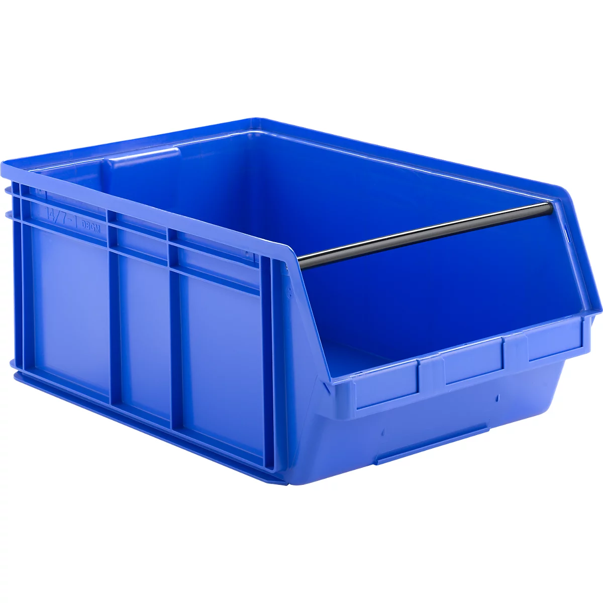 Bac de rangement ouvert en plastique bleu avec barre de renfort noire sur fond neutre.