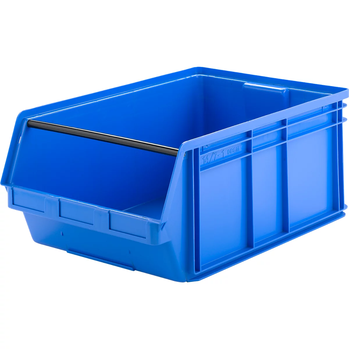 Bac de stockage ouvert en plastique bleu pour l'organisation de l'atelier.