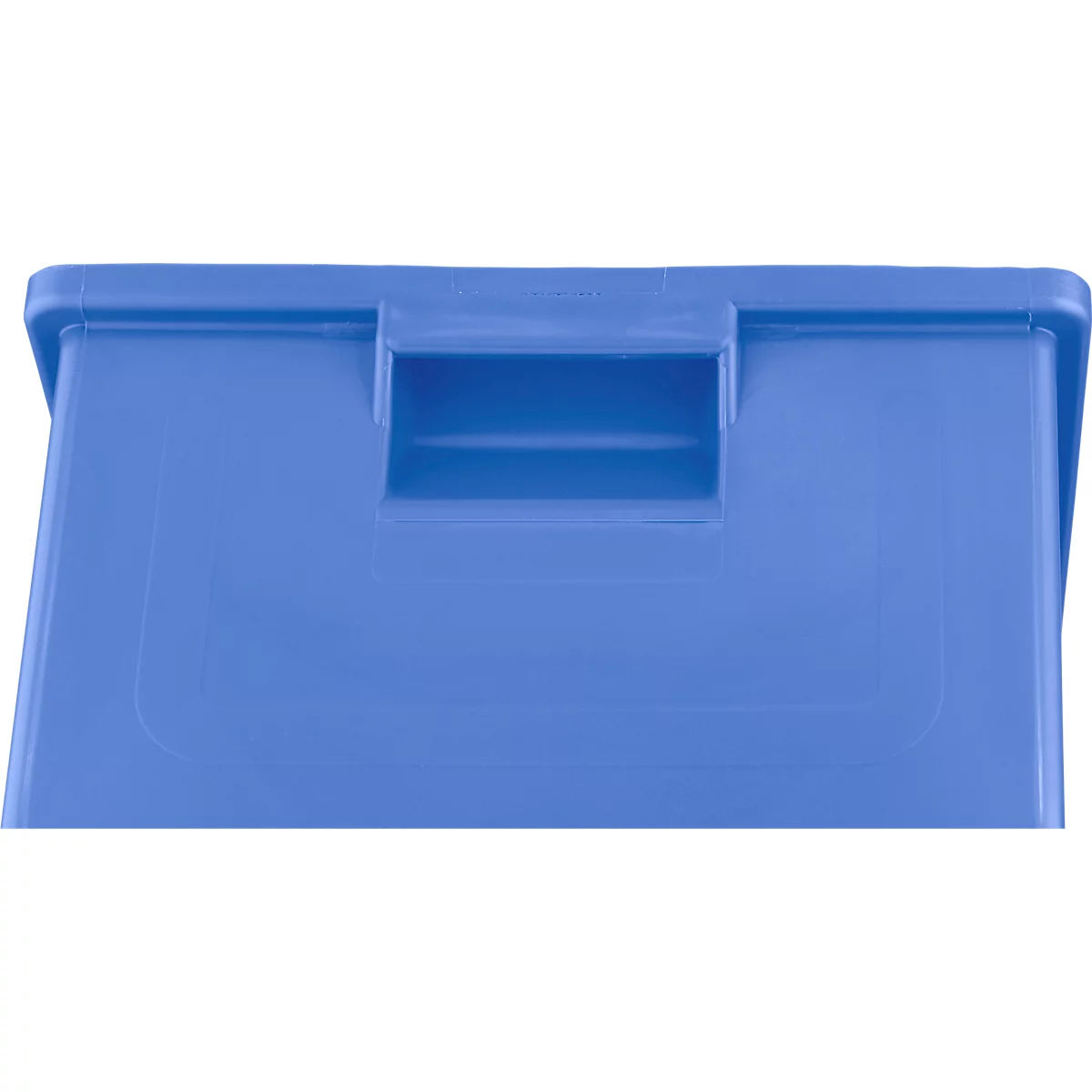 Bac de rangement en plastique bleu avec une zone de poignée rectangulaire sur le dessus.