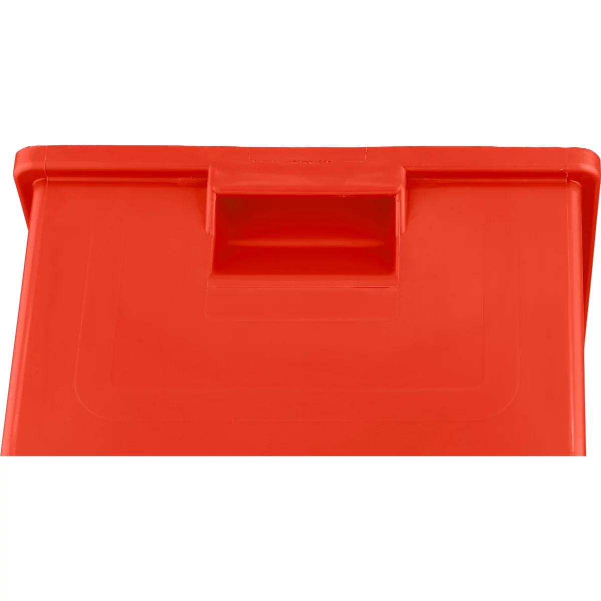 Boîte en plastique rouge avec fente de poignée intégrée sur fond blanc.