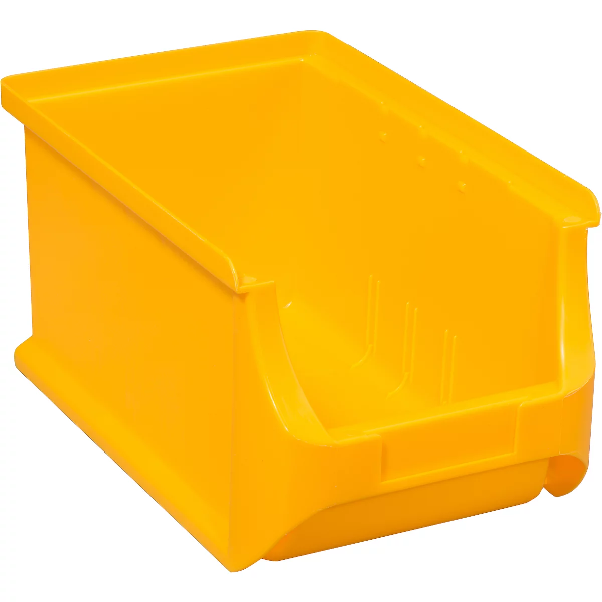 Bac de rangement en plastique jaune avec façade ouverte pour un stockage organisé.