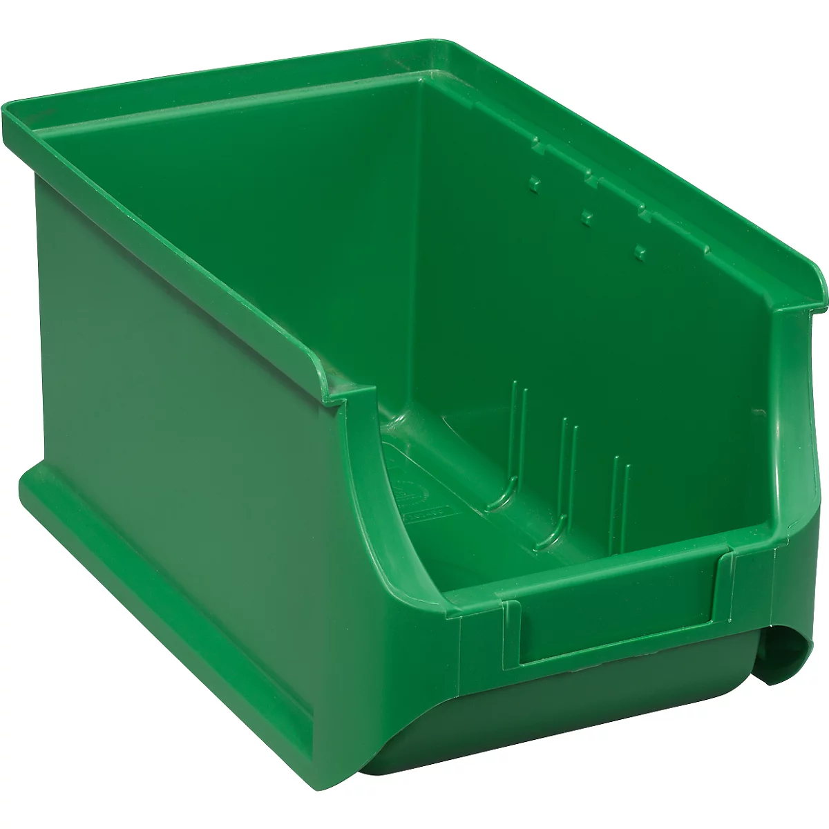 Bac de rangement en plastique vert, vide, sur fond neutre.