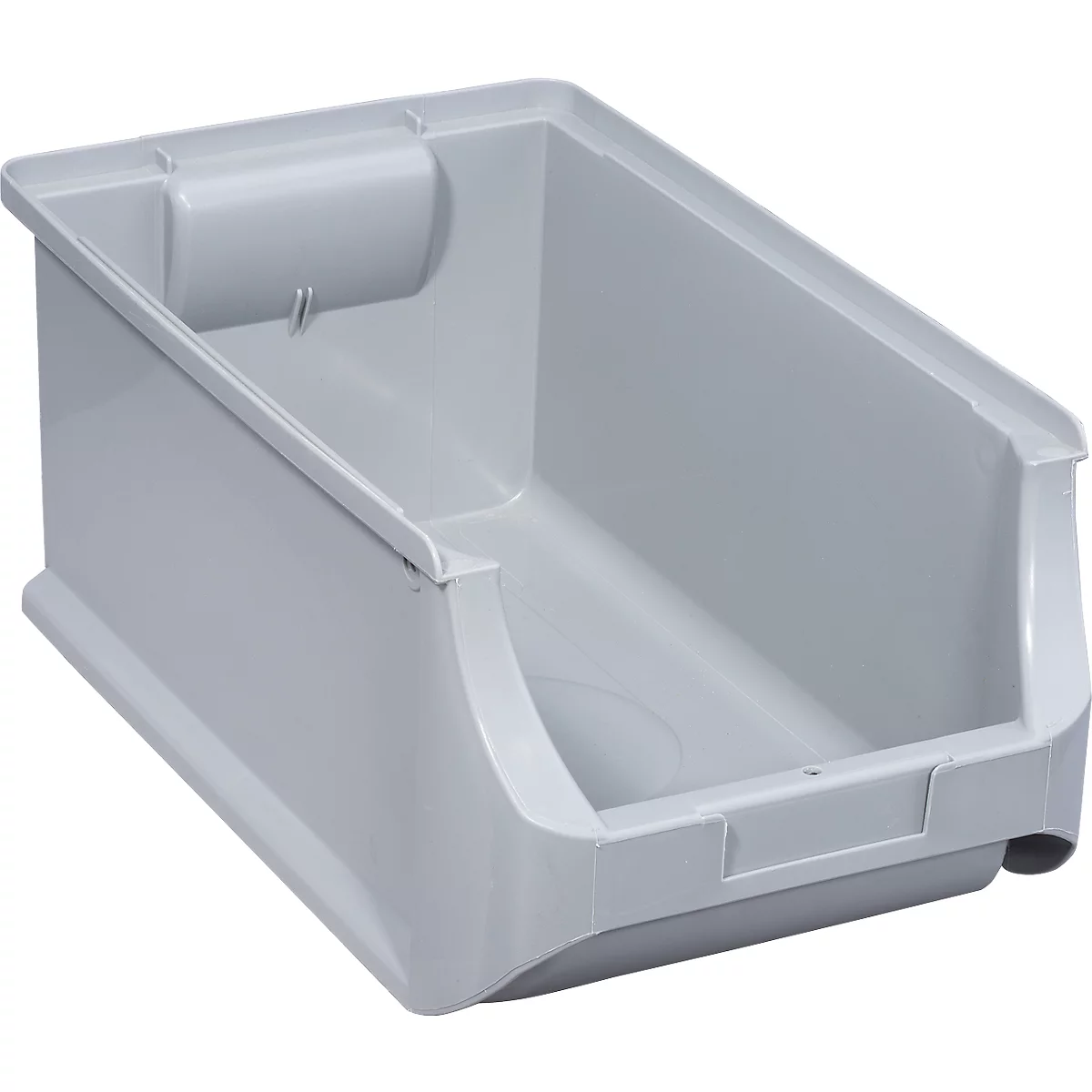 Bac de stockage en plastique gris clair, rectangulaire, avec une façade ouverte pour un accès facile.