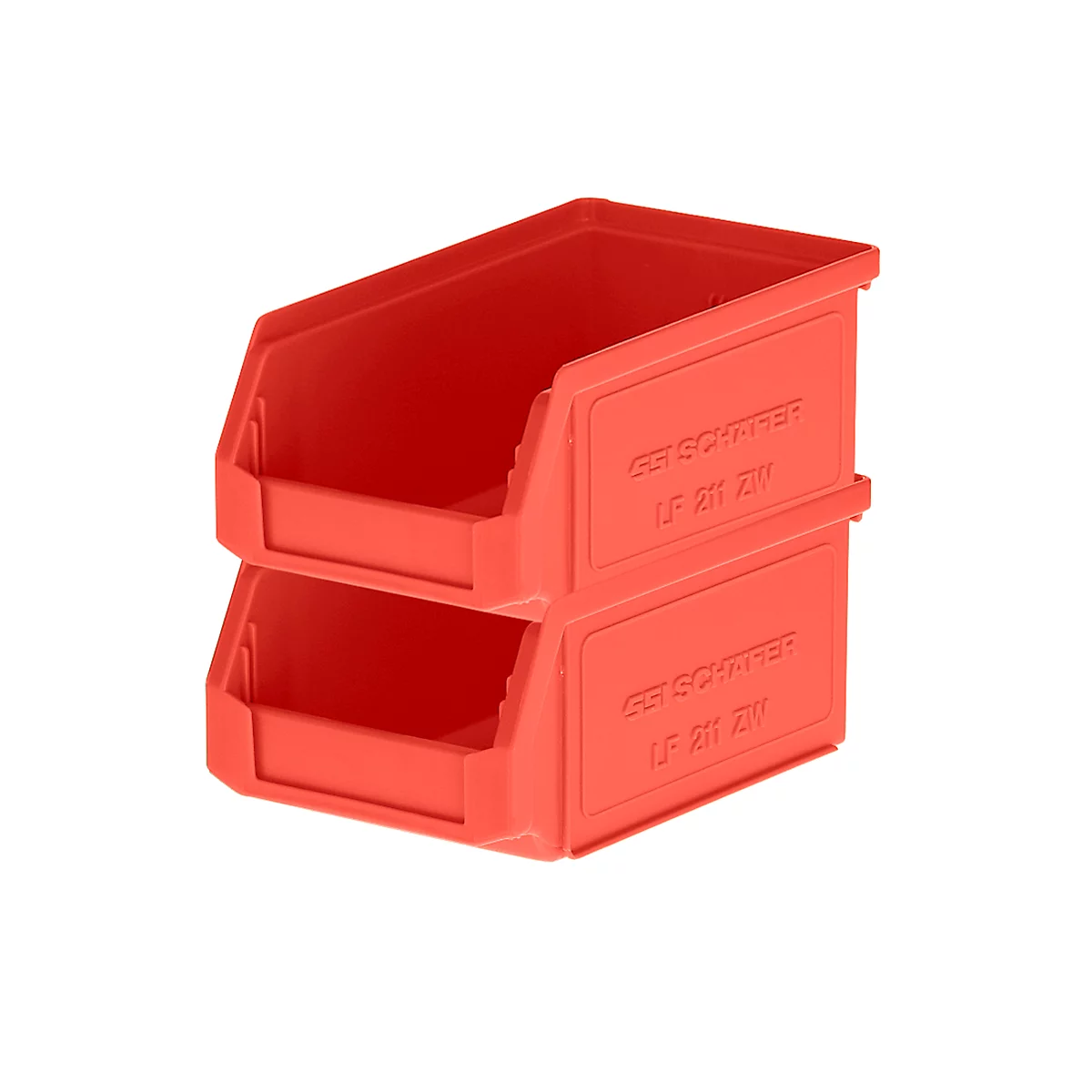 Deux bacs à bec empilables rouges en plastique sur fond blanc.