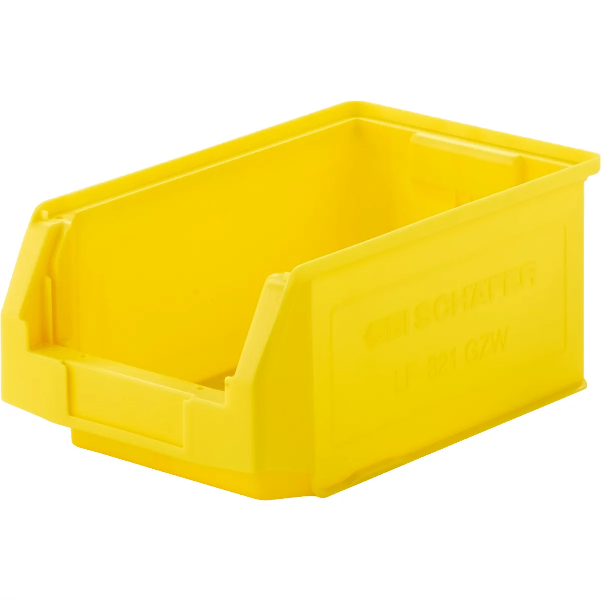 Bac de rangement jaune en plastique avec ouverture frontale sur fond blanc.